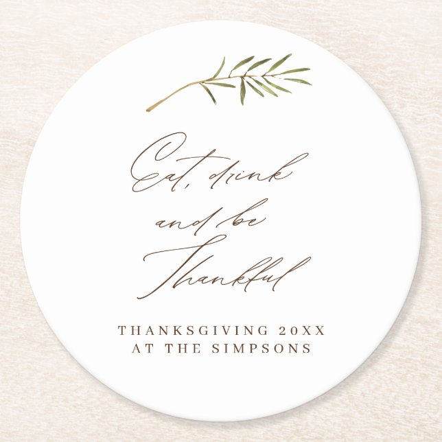 Eat Drink Thankful Watercolor Thanksgiving Family Round Paper Coaster (Front)