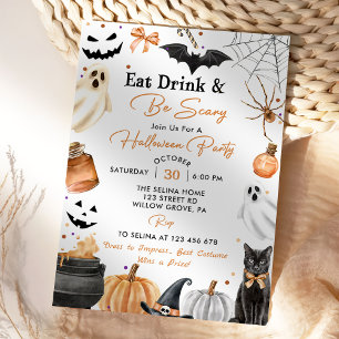 Eat Drinks & Be Scary  Halloween Party Pumpkin Invitation