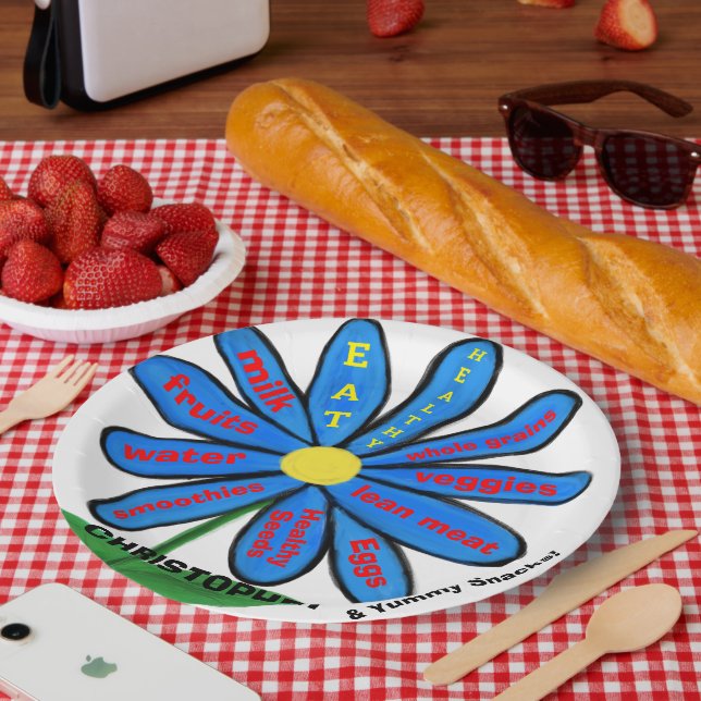 Eat Healthy Blue Daisy Floral Kids NAME Paper Plate (Picnic)