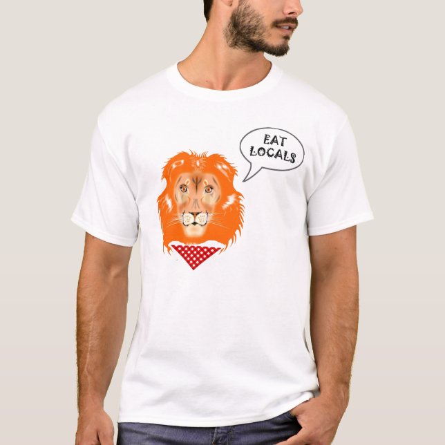 Eat Locals Funny Lion College Humor Cartoon T-Shirt (Front)