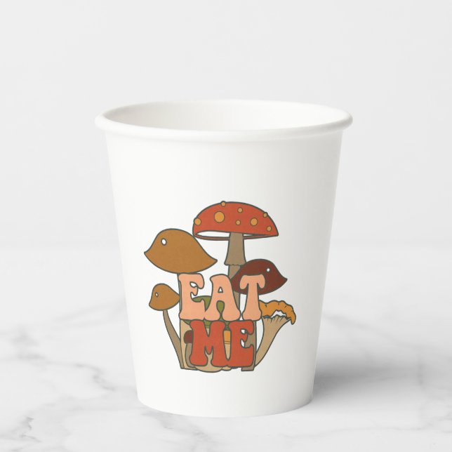 "Eat Me" – Whimsical Mushroom Design Paper Cups (Front)