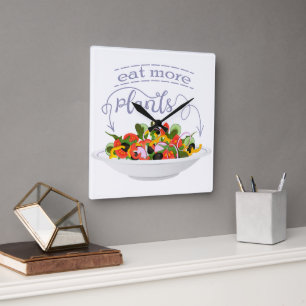 Eat more plants fresh salad motivation lettering square wall clock