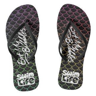 "Eat My Bubbles" Black/Rainbow scales Swim Life Jandals
