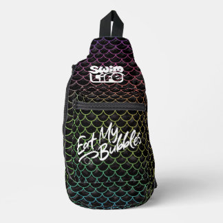 "Eat My Bubbles" Black/Rainbow scales Swim Life Sling Bag