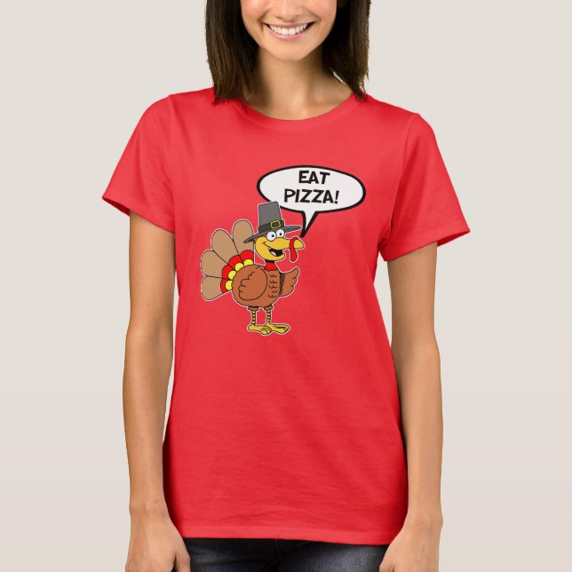 Eat Pizza Thanksgiving Turkey Pilgrim Cartoon T-Shirt (Front)