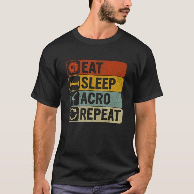 Eat Sleep Acro Repeat Retro 60s 70s Gymnastics T-Shirt (Front)