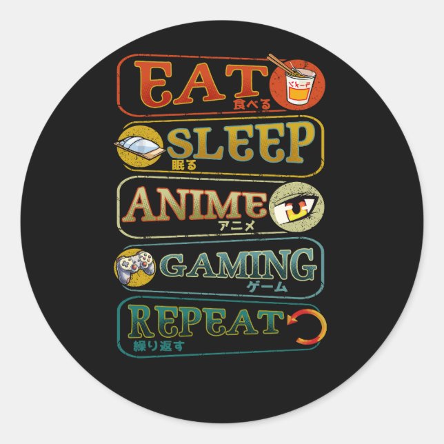 Eat Sleep Anime Gaming Repeat Gamer Japanese Video Classic Round Sticker (Front)