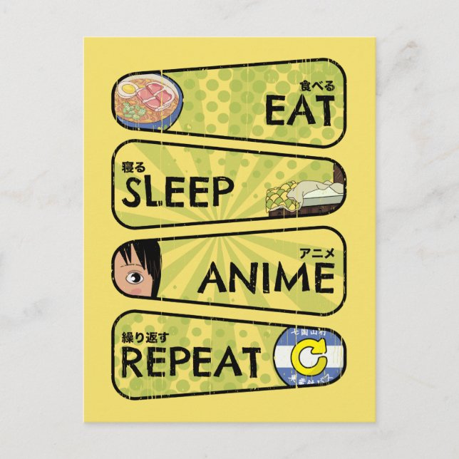Eat Sleep Anime Repeat - Anime Icons & Kanji Japan Postcard (Front)