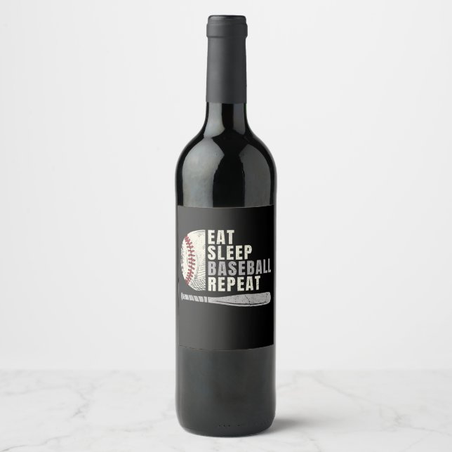 Eat Sleep Baseball Repeat Funny Baseball Player  Wine Label (Front)