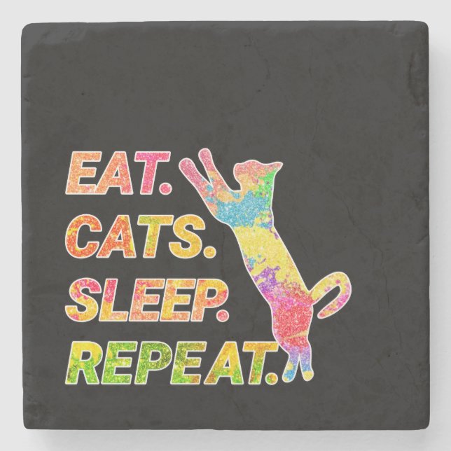 Eat, Sleep, Cats, Repeat – Colourful Cat Lover Stone Coaster (Front)