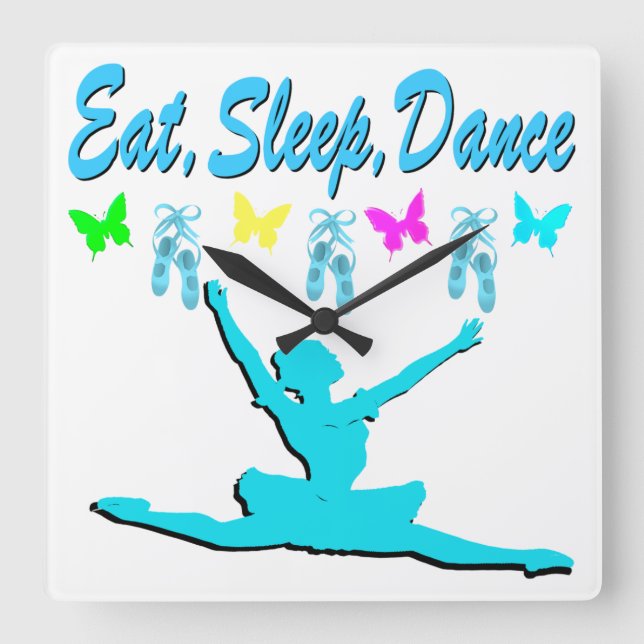EAT, SLEEP, DANCE BALLERINA DESIGN SQUARE WALL CLOCK (Front)