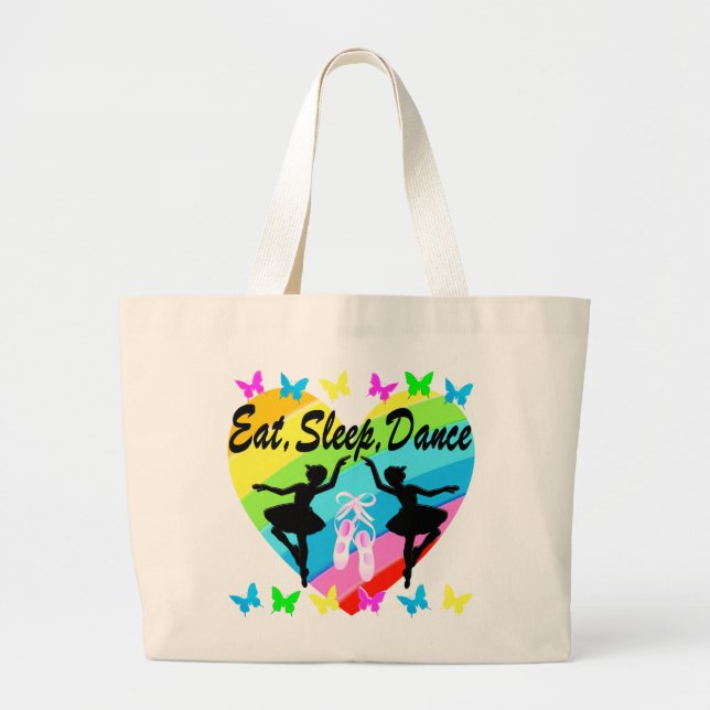 EAT, SLEEP, DANCE RAINBOW HEART AND BUTTERFLIES LARGE TOTE BAG (Front)