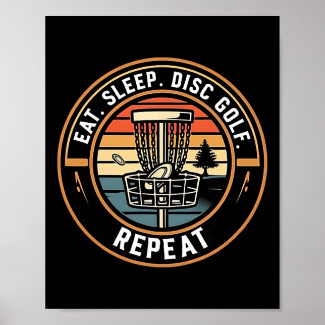 Eat Sleep Disc Golf Repeat Funny Retro Sunset  Poster (Front)