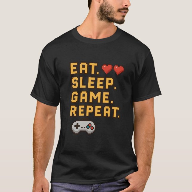 Eat Sleep Game Repeat – Retro Pixel Gaming T-Shirt (Front)