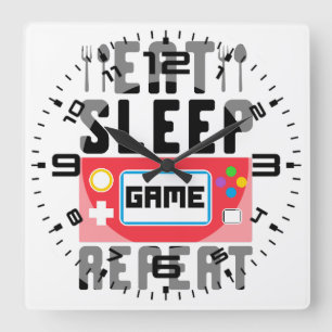 Eat sleep game repeat square wall clock