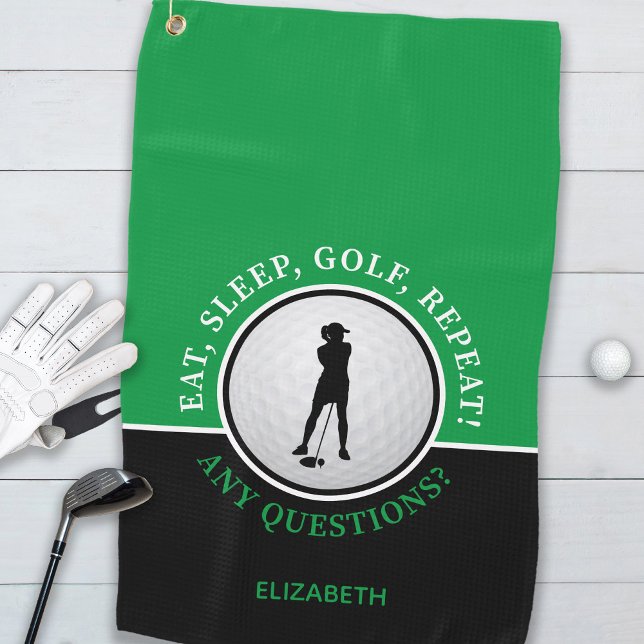 Eat Sleep Golf Repeat Green Lady Golfer  Towel (Golfer Lady Silhouette Golf Ball Quote, "Eat, Sleep, Golf, Repeat!.." Black Green Golf Towel For Her)