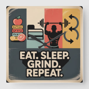 Eat. Sleep. Grind. Repeat Square Wall Clock