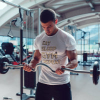 Eat sleep gym repeat motivation quote brown text