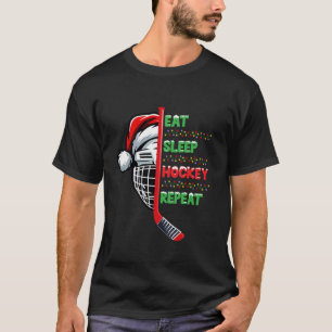 Eat Sleep Hockey Repeat Christmas Santa Hat Lights T-Shirt