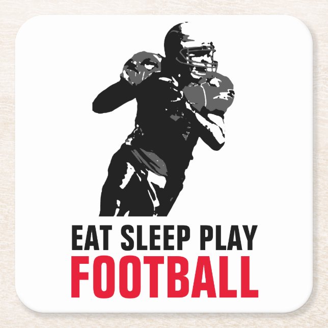 Eat Sleep Play Black & White Football Pop Art Square Paper Coaster (Front)