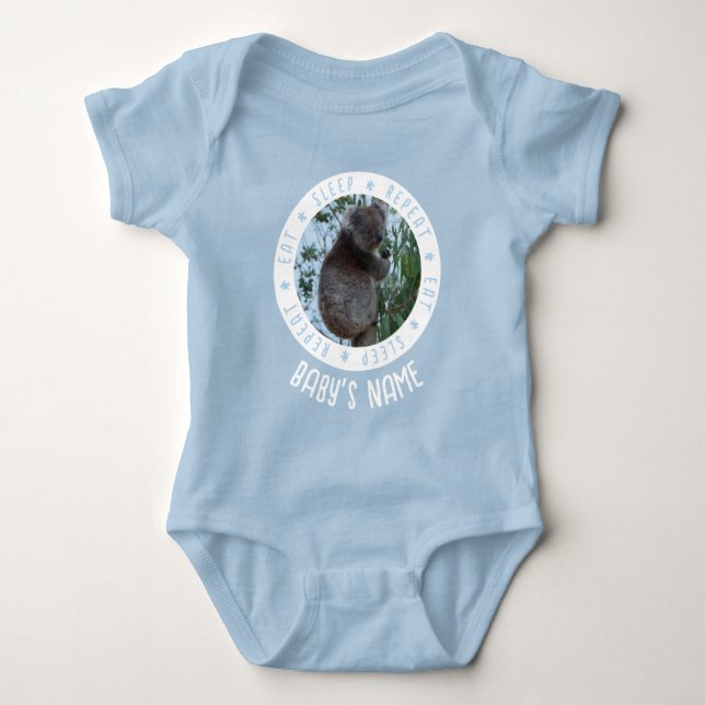 Eat Sleep Repeat Cute Funny Koala Baby Blue Bodysuit (Front)