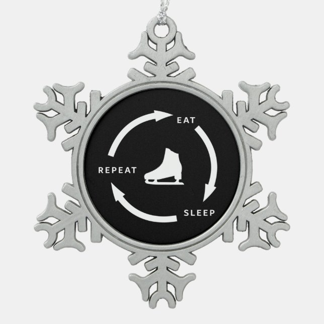 Eat Sleep Repeat Figure Skating Sports Fan Saying Snowflake Pewter Christmas Ornament (Front)