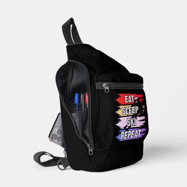 Eat Sleep Ski Repeat Bold Ski Lover Design Sling Bag (Open)