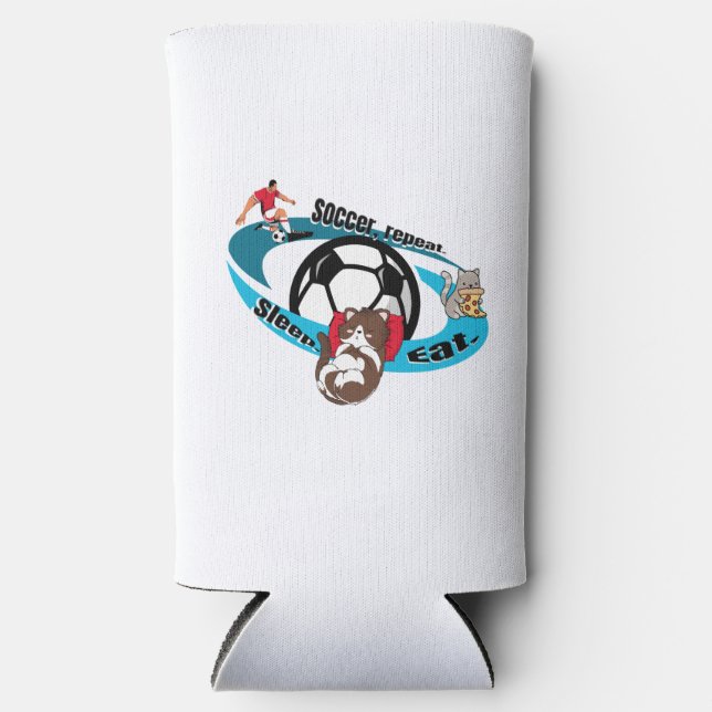 Eat, sleep, soccer, repeat.  cartoon soccer seltzer can cooler (Front)