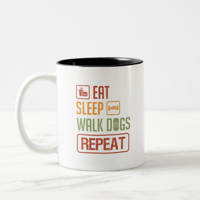 eat sleep walk dogs repeat funn coffee Two-Tone coffee mug (Left)