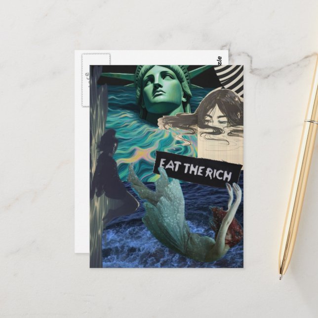 Eat the Rich Mixed Media Collage Women and Liberty Postcard (Front/Back In Situ)