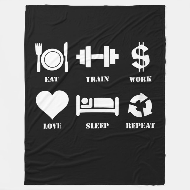 Eat Train Work Love Sleep Repeat Motivational Gym Fleece Blanket (Front)