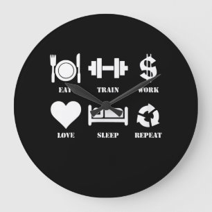 Eat Train Work Love Sleep Repeat Motivational Gym Large Clock