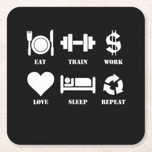 Eat Train Work Love Sleep Repeat Motivational Gym Square Paper Coaster