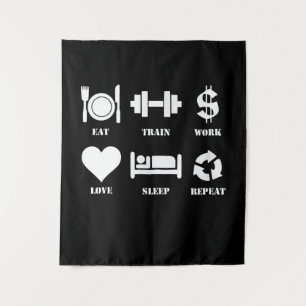 Eat Train Work Love Sleep Repeat Motivational Gym Tapestry