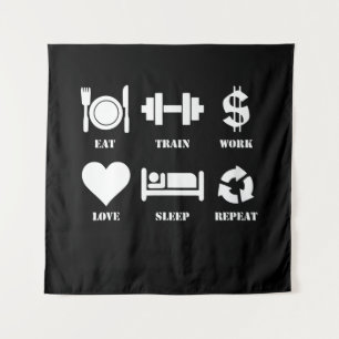 Eat Train Work Love Sleep Repeat Motivational Gym Tapestry
