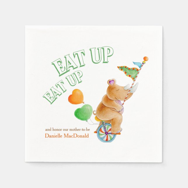 Eat up whimsy unicycle rhino baby shower napkins (Front)