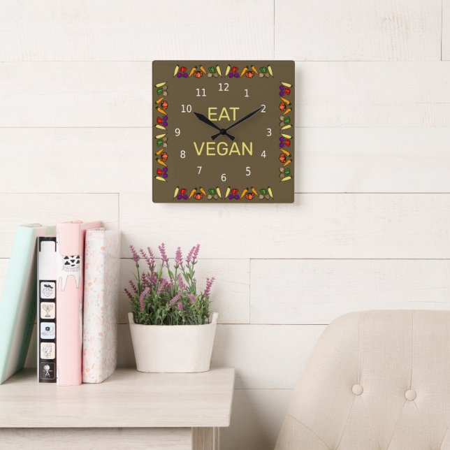 Eat Vegan, colourful vegetable design, your words Square Wall Clock (Reading Room)