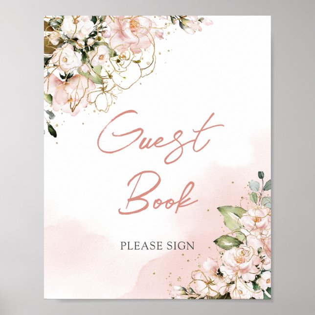 Eathereal blush pink gold floral boho guest book (Front)