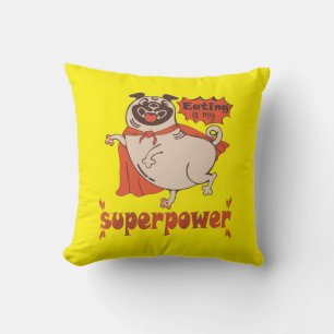 Eating is my superpower red cloak pug comic style cushion