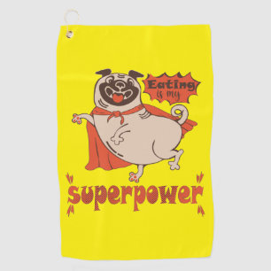 Eating is my superpower red cloak pug comic style golf towel