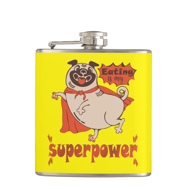 Eating is my superpower red cloak pug comic style  hip flask (Front)