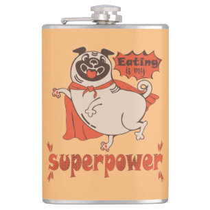 Eating is my superpower red cloak pug comic style  hip flask