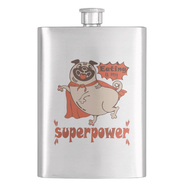 Eating is my superpower red cloak pug comic style  hip flask (Front)