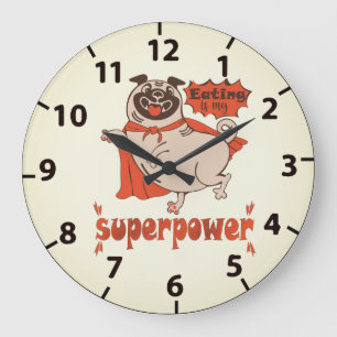 Eating is my superpower red cloak pug comic style  large clock