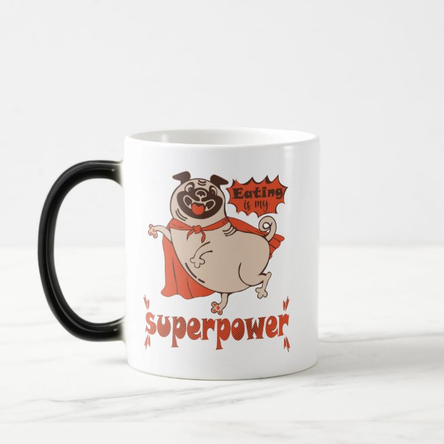 Eating is my superpower red cloak pug comic style magic mug (Left)