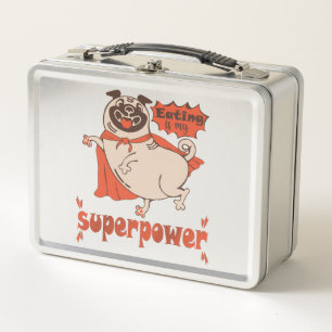 Eating is my superpower red cloak pug comic style metal lunch box