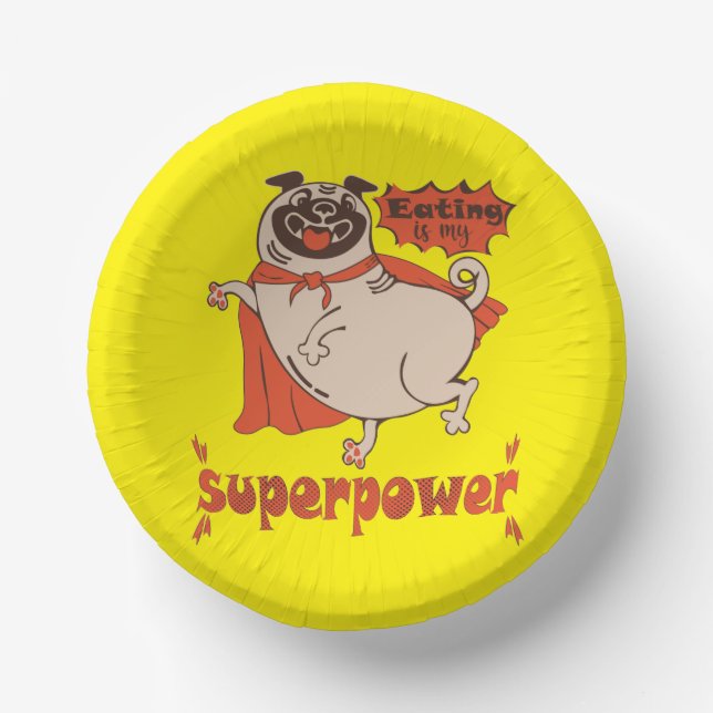 Eating is my superpower red cloak pug comic style  paper plate (Front)