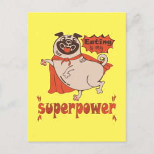 Eating is my superpower red cloak pug comic style postcard