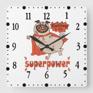 Eating is my superpower red cloak pug comic style  square wall clock
