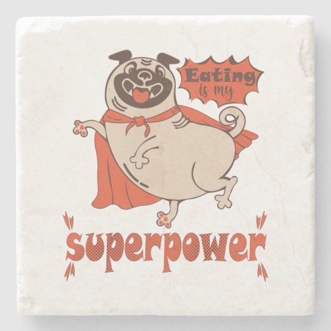 Eating is my superpower red cloak pug comic style  stone coaster (Front)